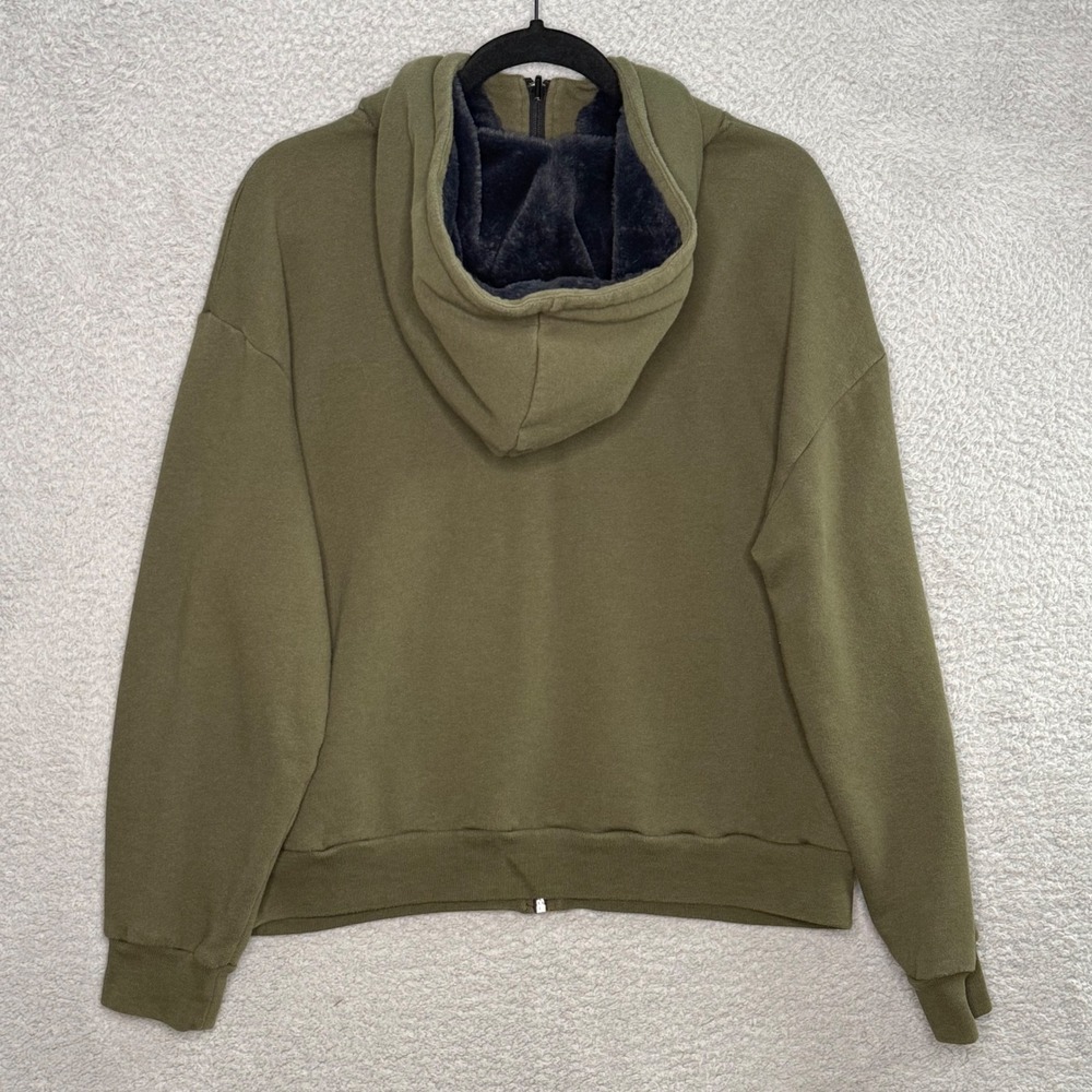 PINK Victorias Secret Olive Green Faux Fur Lined Full Zip Hoodie Logo Large - Picture 4 of 8